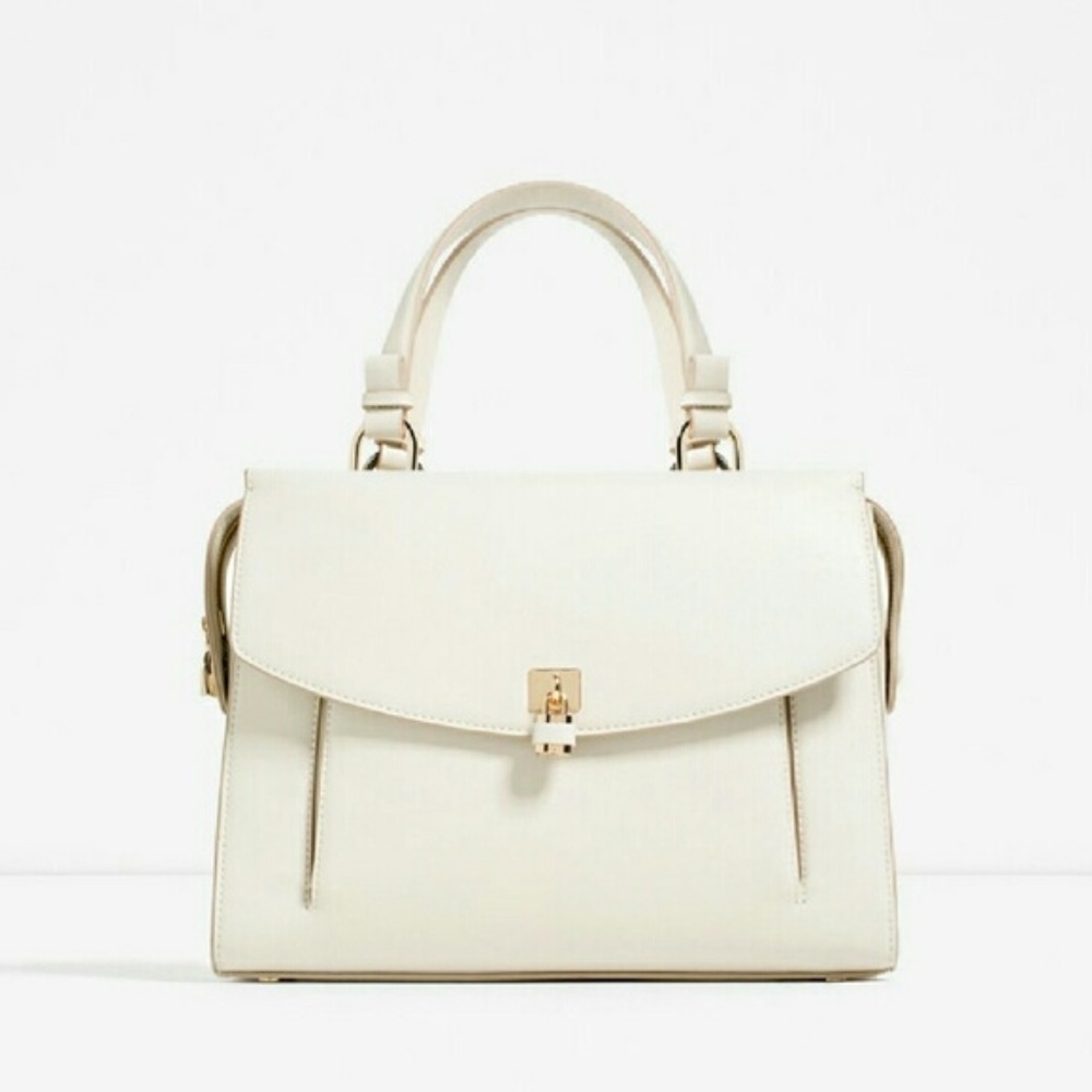 Zara White & Gold City Bag with Padlock